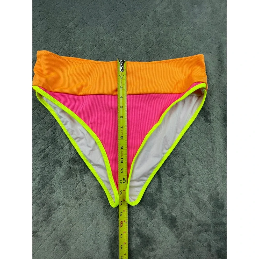 Popvil Neon Colorblock‎ Ribbed High Waisted Bikini Bottom Orange Pink XXL NEW